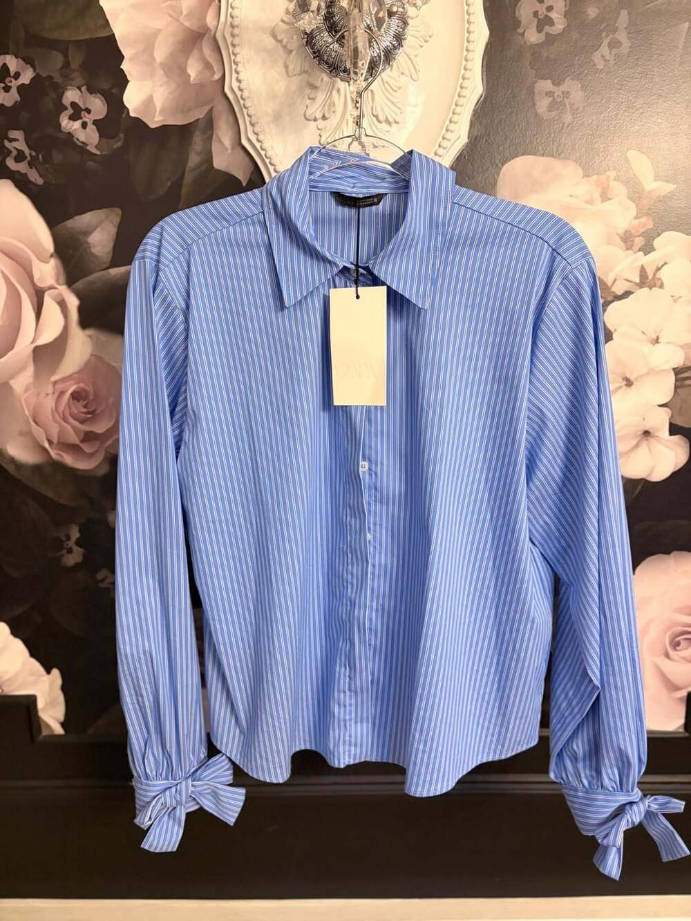 Zara Blue Striped Button-Up Shirt With Tie Cuffs new with tags